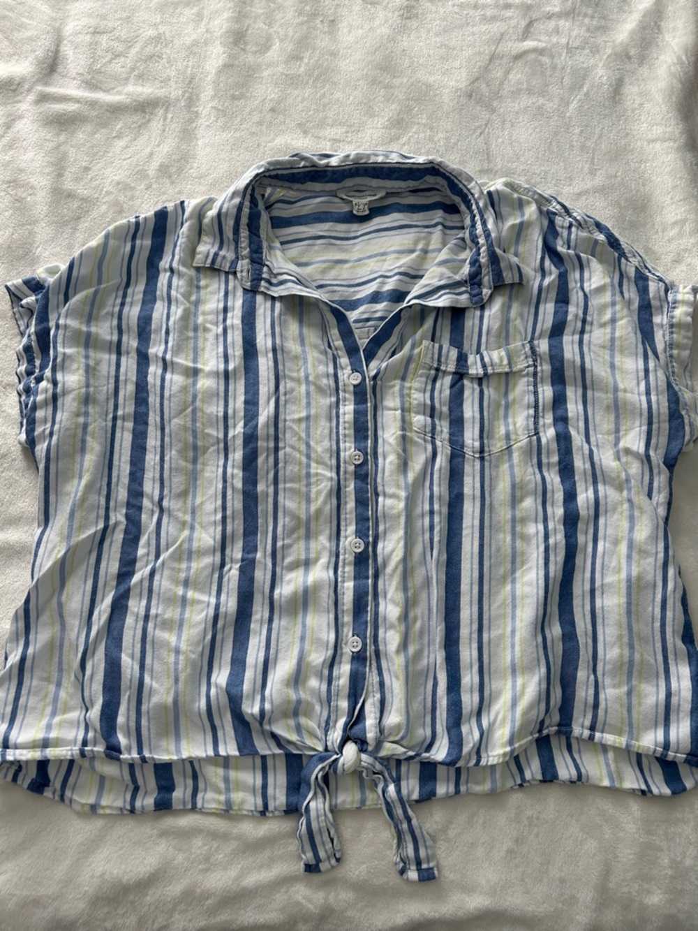beachlunchlounge Blue, White & Light Green Striped Button-Down Tie-Front Shirt